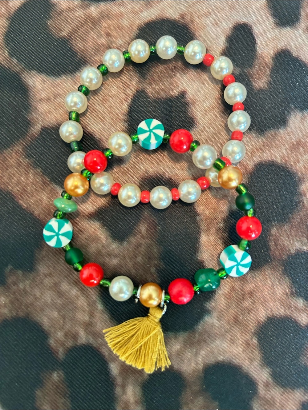 Handmade Holiday Pearl Beaded Bracelet Stack with Green Tassel